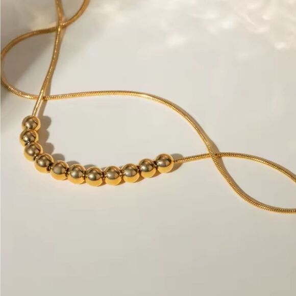 New 18k Gold Ss Double Snake Chain Anklet / Bracelet with Gold Beaded Detail - Picture 3 of 10